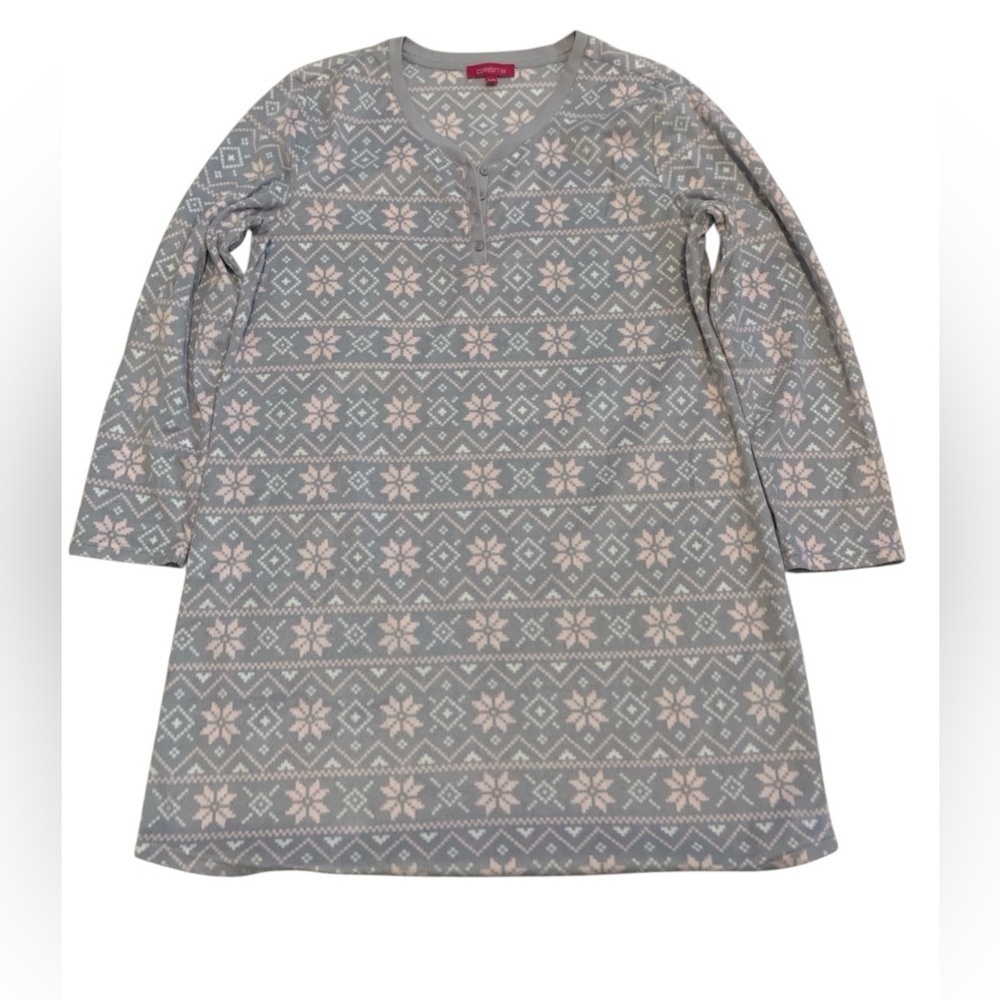 Carisma Gray & Pink Snowflake Fleece Sleepshirt / Nightgown - Size L/G